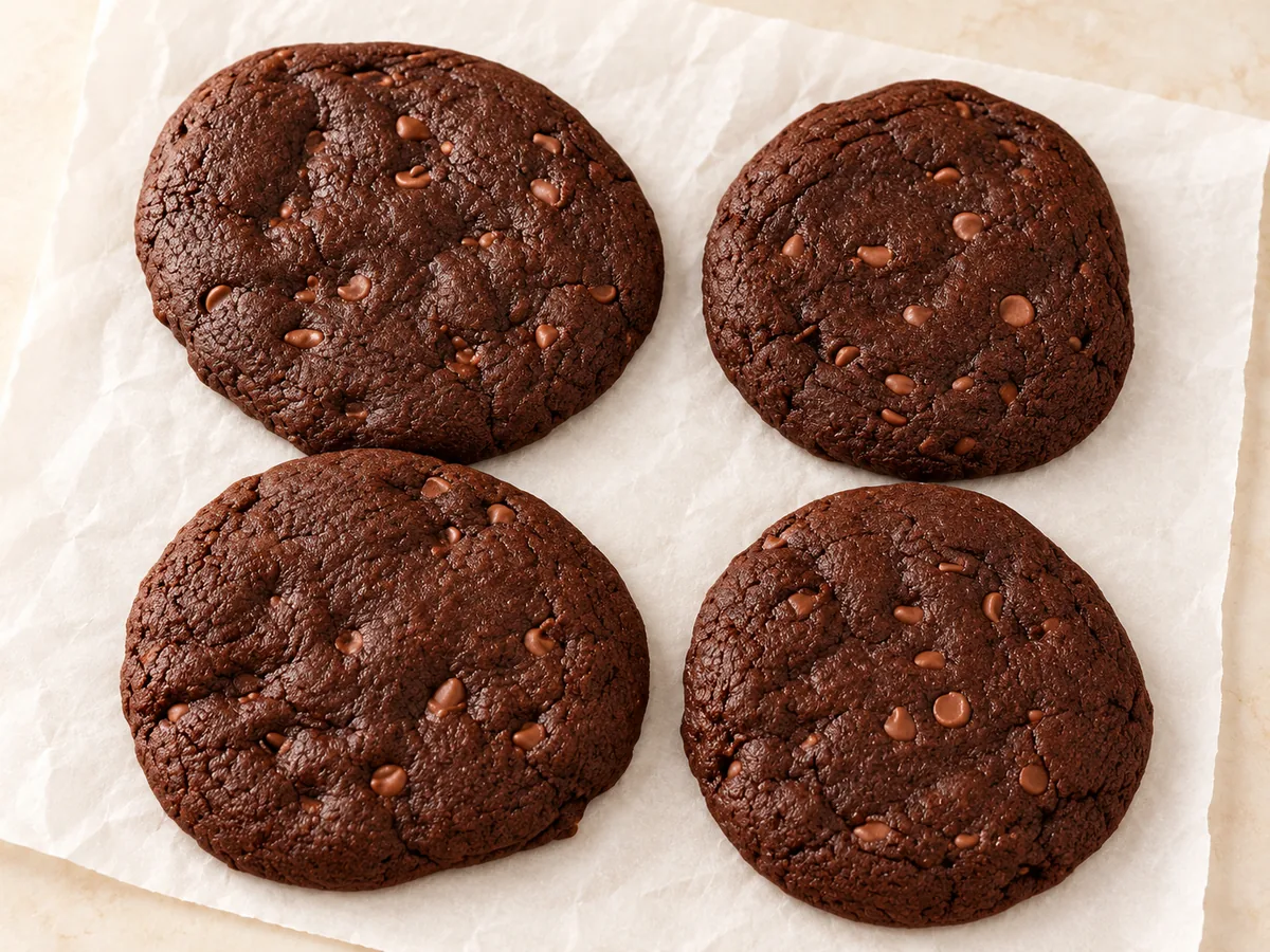 Double chocolate chip cookies on baking parchment