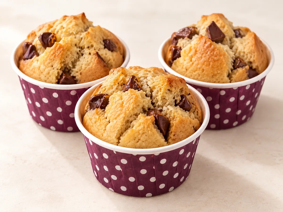 Three chocolate chip muffins in purple polka dot cases